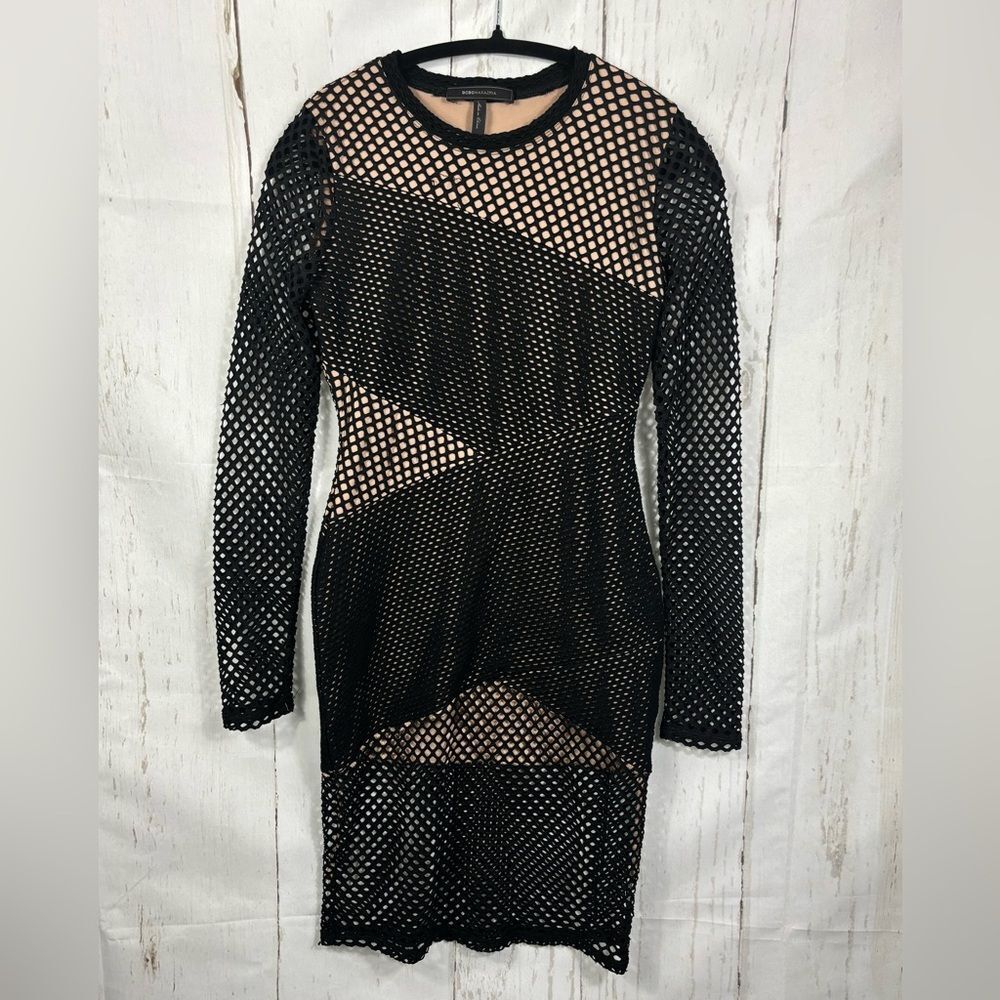 BCBGMAXAZRIA Asymmetrical Mesh Body-Con Dress Black Nude